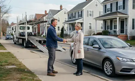 Vehicle owner beside their delivered car in Ansonia, Connecticut, United States