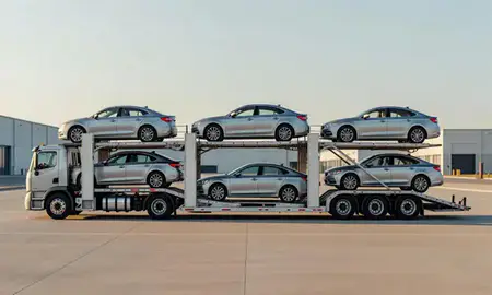 Car transporter parked in an industrial area of Ansonia, Connecticut, United States