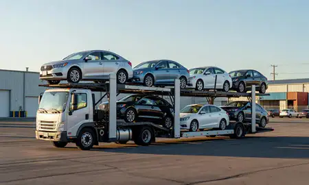 Car transporter loaded with vehicles in Ansonia, Connecticut, United States