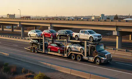 Car transporter with the Ansonia, Connecticut, United States skyline behind it