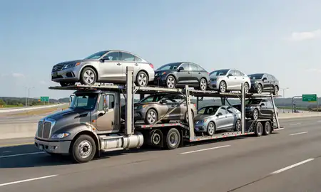 Multi-level car carrier on the highway to Bridgeport, Connecticut, United States