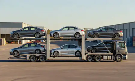 Car transporter parked in an industrial area of Bridgeport, Connecticut, United States