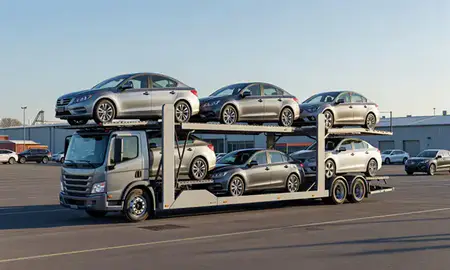 Car transporter loaded with vehicles in Bridgeport, Connecticut, United States