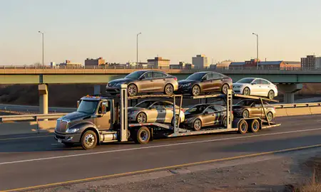 Car transporter with the Bridgeport, Connecticut, United States skyline behind it
