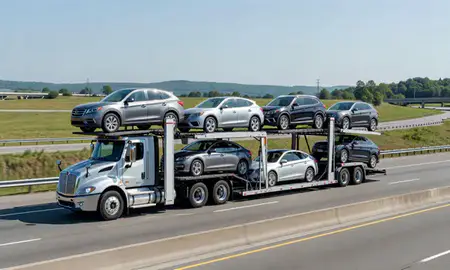 Multi-level car carrier on the highway to Bristol, Connecticut, United States