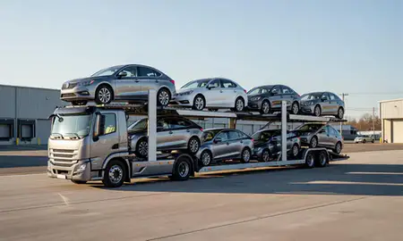 Car transporter loaded with vehicles in Bristol, Connecticut, United States