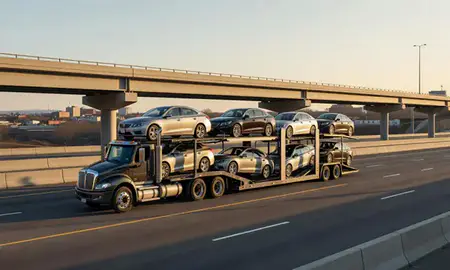 Car transporter with the Bristol, Connecticut, United States skyline behind it