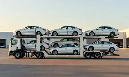 Car transporter parked in an industrial area of Conning Towers Nautilus Park, Connecticut, United States