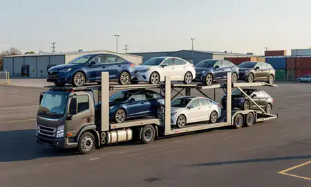 Car transporter loaded with vehicles in Conning Towers Nautilus Park, Connecticut, United States