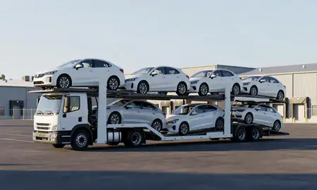 Car transporter loaded with vehicles in Danbury, Connecticut, United States