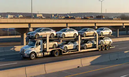 Car transporter with the Danbury, Connecticut, United States skyline behind it