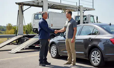 Vehicle owner beside their delivered car in Derby, Connecticut, United States