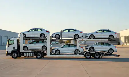 Car transporter parked in an industrial area of Derby, Connecticut, United States