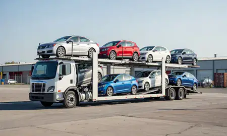 Car transporter loaded with vehicles in Derby, Connecticut, United States