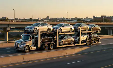 Car transporter with the Derby, Connecticut, United States skyline behind it