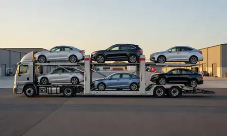 Car transporter parked in an industrial area of Hartford, Connecticut, United States