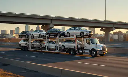 Car transporter with the Hartford, Connecticut, United States skyline behind it