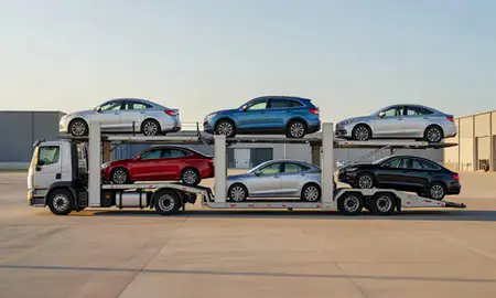 Car transporter parked in an industrial area of Kensington, Connecticut, United States