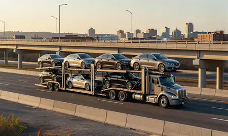 Car transporter with the Kensington, Connecticut, United States skyline behind it