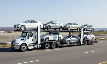 Multi-level car carrier on the highway to Long Hill, Connecticut, United States