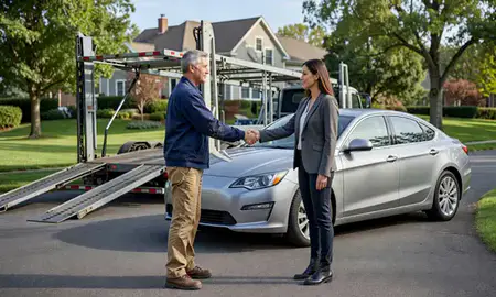 Vehicle owner beside their delivered car in Long Hill, Connecticut, United States