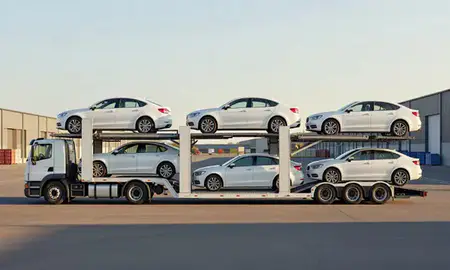 Car transporter parked in an industrial area of Long Hill, Connecticut, United States