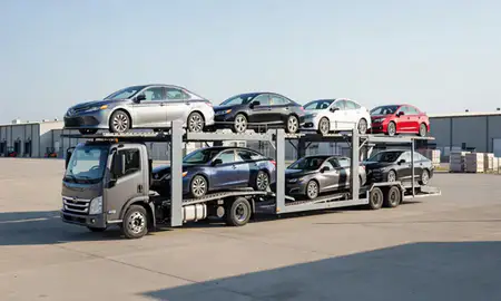 Car transporter loaded with vehicles in Long Hill, Connecticut, United States