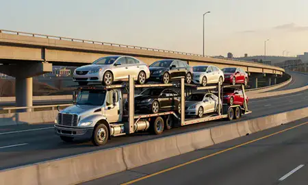 Car transporter with the Long Hill, Connecticut, United States skyline behind it