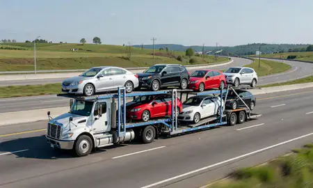 Multi-level car carrier on the highway to Meriden, Connecticut, United States