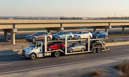 Car transporter with the Meriden, Connecticut, United States skyline behind it