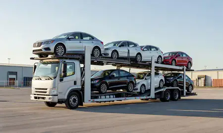 Car transporter loaded with vehicles in Middletown, Connecticut, United States