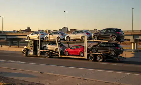Car transporter with the Middletown, Connecticut, United States skyline behind it