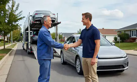 Vehicle owner beside their delivered car in Milford city, Connecticut, United States