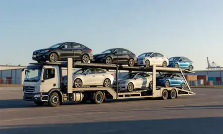 Car transporter loaded with vehicles in Milford city, Connecticut, United States