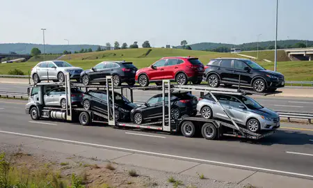 Multi-level car carrier on the highway to Naugatuck, Connecticut, United States