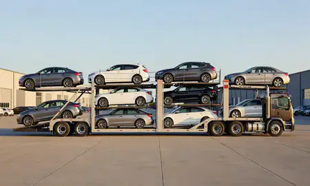 Car transporter parked in an industrial area of Naugatuck, Connecticut, United States