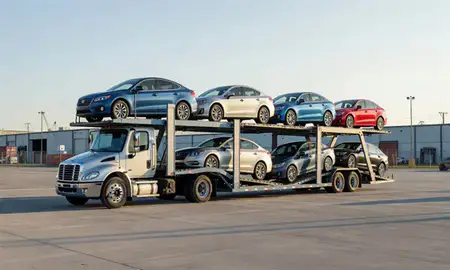 Car transporter loaded with vehicles in Naugatuck, Connecticut, United States