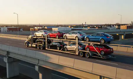 Car transporter with the Naugatuck, Connecticut, United States skyline behind it