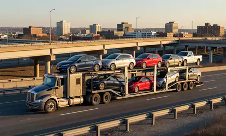 Car transporter with the New Britain, Connecticut, United States skyline behind it