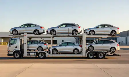 Car transporter parked in an industrial area of New Haven, Connecticut, United States