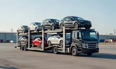 Car transporter loaded with vehicles in New Haven, Connecticut, United States