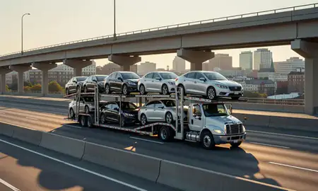 Car transporter with the New Haven, Connecticut, United States skyline behind it