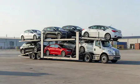 Car transporter loaded with vehicles in New London, Connecticut, United States