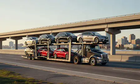 Car transporter with the New London, Connecticut, United States skyline behind it