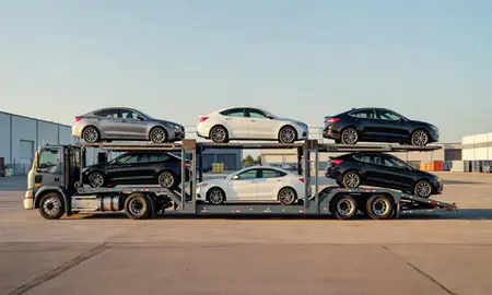 Car transporter parked in an industrial area of Norwalk, Connecticut, United States