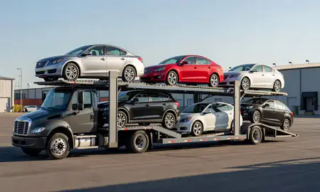 Car transporter loaded with vehicles in Norwalk, Connecticut, United States