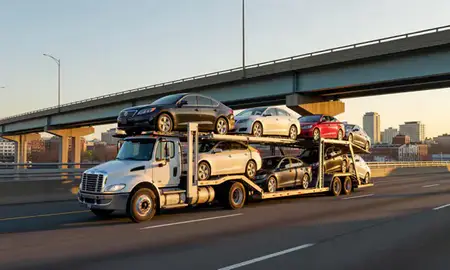 Car transporter with the Norwalk, Connecticut, United States skyline behind it