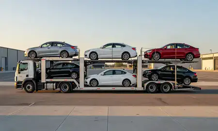 Car transporter parked in an industrial area of Norwich, Connecticut, United States