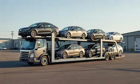 Car transporter loaded with vehicles in Norwich, Connecticut, United States