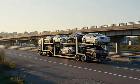 Car transporter with the Norwich, Connecticut, United States skyline behind it